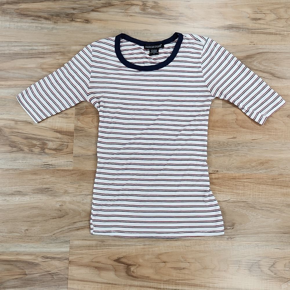 💜American Dream Ivory w/Red & Blue Stripes Short Sleeve Top Small